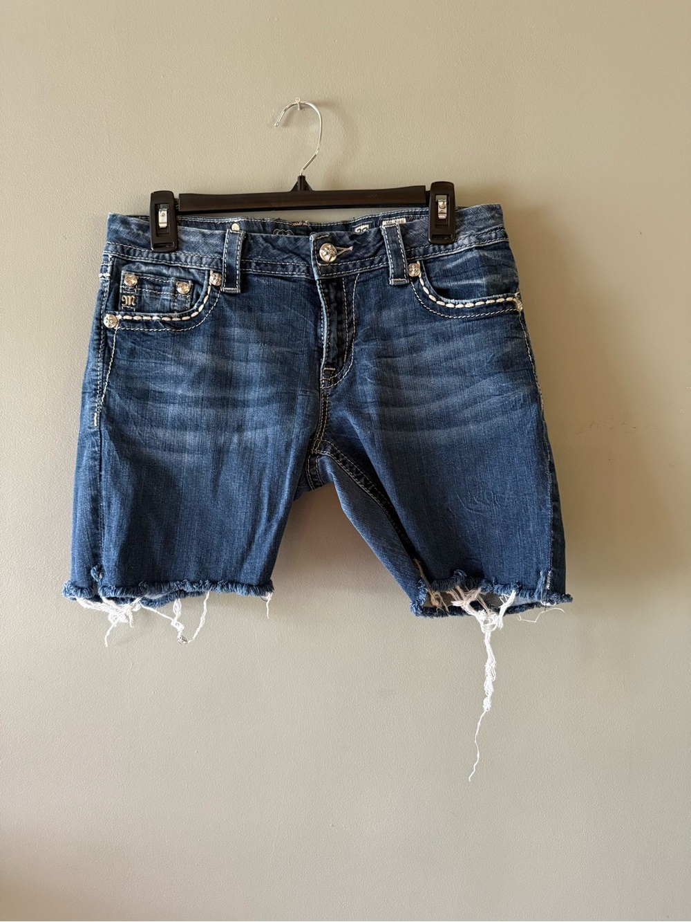 MISS ME mid rise Distressed Dark Blue Denim Cutoff Shorts